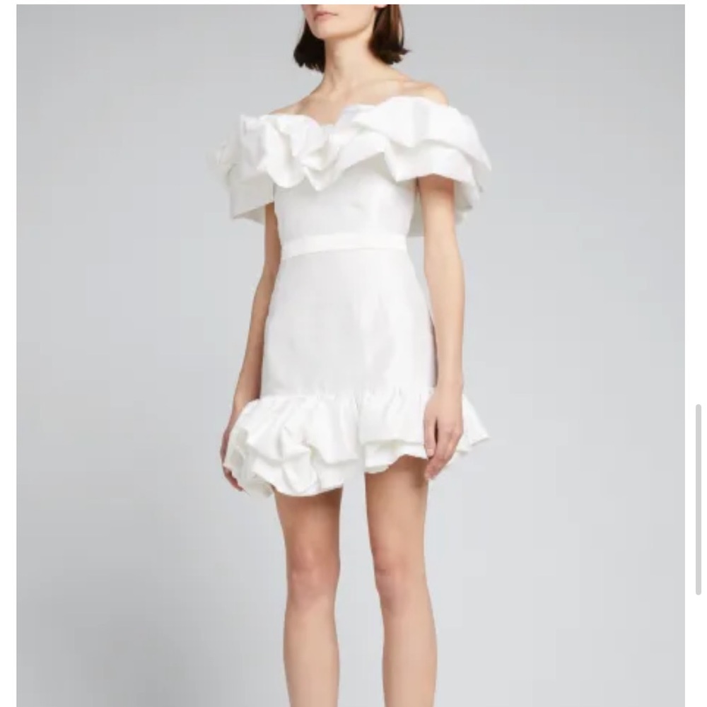 Markarian Grace off the shoulder white dupioni ruffle mini dress